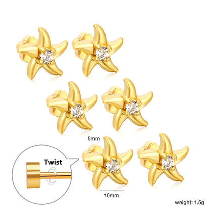 Starfish CZ Screw-Back Stud Earrings| 3 Pairs Pack | 18K Gold Plated Stainless Steel | Wholesale Bulk Order MOQ 12
