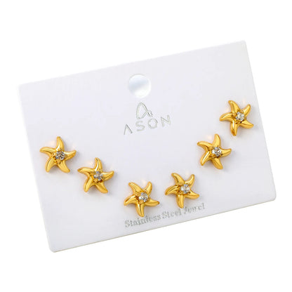 Starfish CZ Screw-Back Stud Earrings| 3 Pairs Pack | 18K Gold Plated Stainless Steel | Wholesale Bulk Order MOQ 12