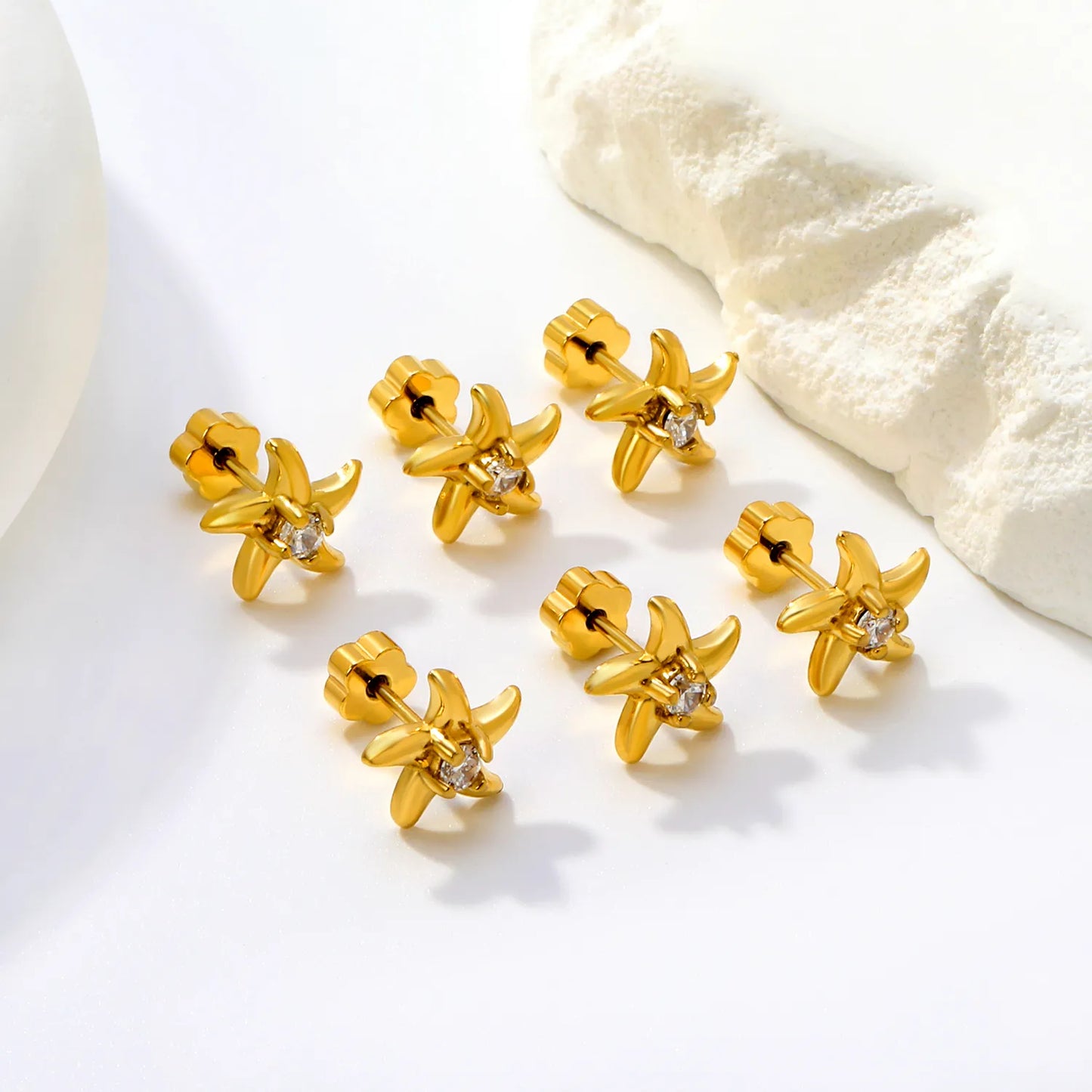 Starfish CZ Screw-Back Stud Earrings| 3 Pairs Pack | 18K Gold Plated Stainless Steel | Wholesale Bulk Order MOQ 12