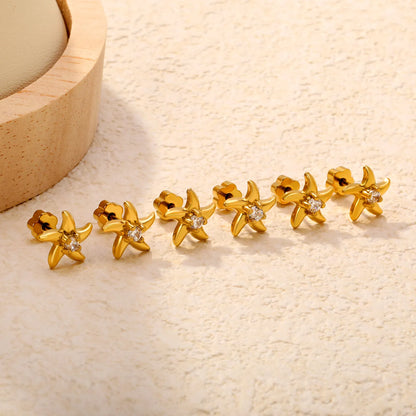 Starfish CZ Screw-Back Stud Earrings| 3 Pairs Pack | 18K Gold Plated Stainless Steel | Wholesale Bulk Order MOQ 12