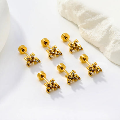 3 Pairs Pack CZ Cross Screw-Back Stud Earrings | 18K Gold Plated Stainless Steel | Wholesale Bulk Order MOQ 12