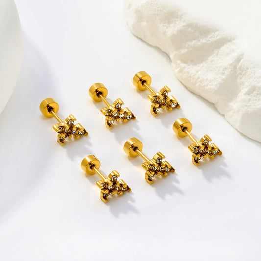 3 Pairs Pack CZ Cross Screw-Back Stud Earrings | 18K Gold Plated Stainless Steel | Wholesale Bulk Order MOQ 12