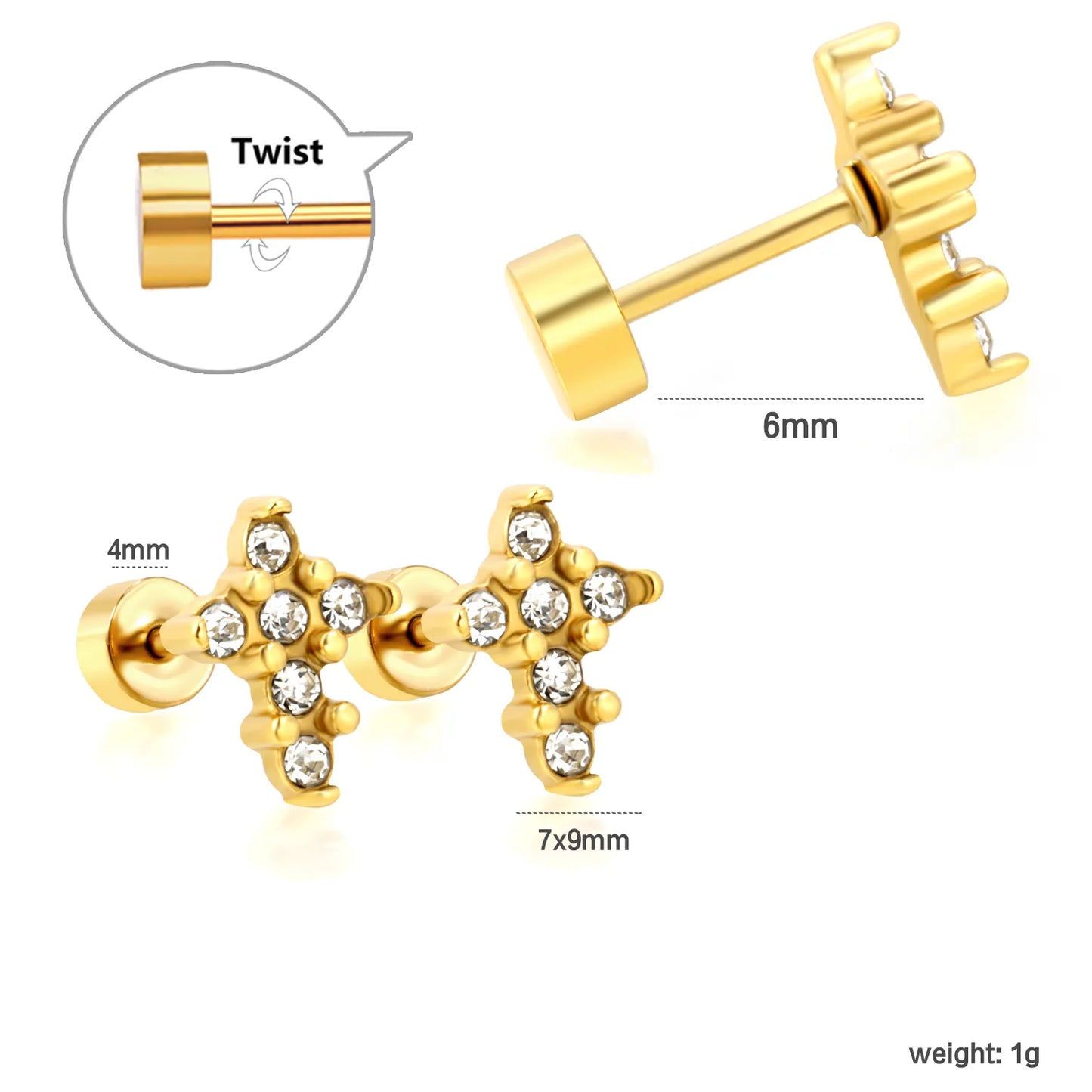 3 Pairs Pack CZ Cross Screw-Back Stud Earrings | 18K Gold Plated Stainless Steel | Wholesale Bulk Order MOQ 12