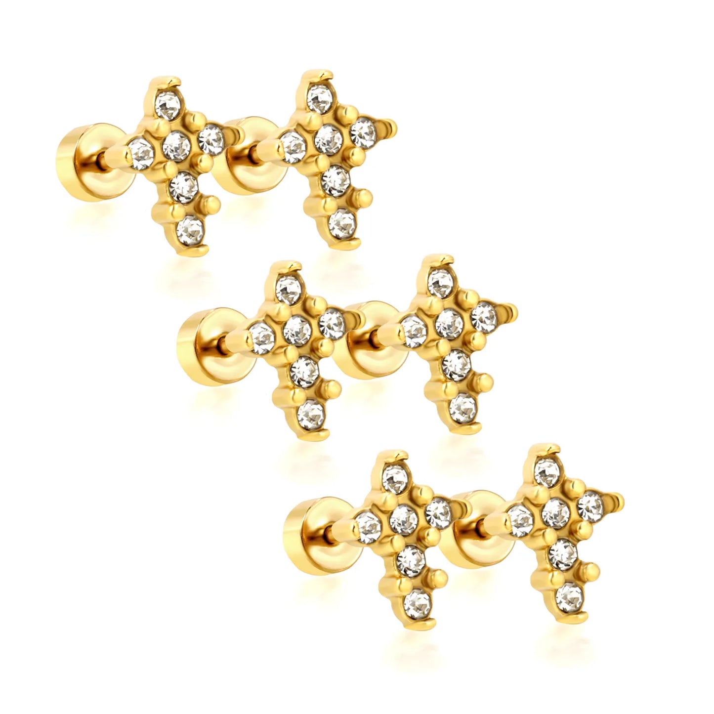 3 Pairs Pack CZ Cross Screw-Back Stud Earrings | 18K Gold Plated Stainless Steel | Wholesale Bulk Order MOQ 12