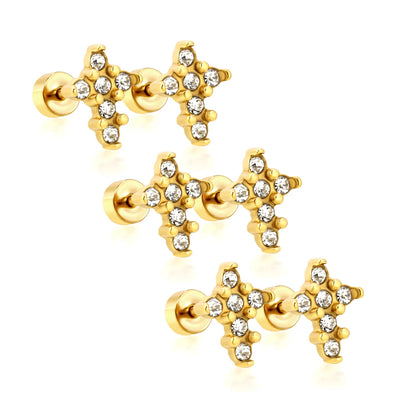 3 Pairs Pack CZ Cross Screw-Back Stud Earrings | 18K Gold Plated Stainless Steel | Wholesale Bulk Order MOQ 12