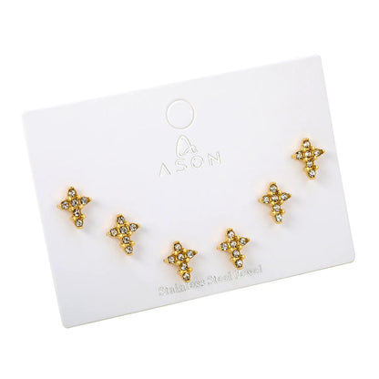 3 Pairs Pack CZ Cross Screw-Back Stud Earrings | 18K Gold Plated Stainless Steel | Wholesale Bulk Order MOQ 12