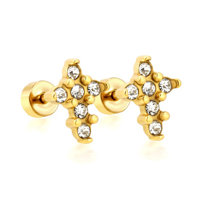 3 Pairs Pack CZ Cross Screw-Back Stud Earrings | 18K Gold Plated Stainless Steel | Wholesale Bulk Order MOQ 12