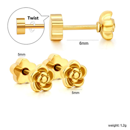 Rose Flower Screw-Back Stud Earrings 3 Pairs Pack | 18K Gold Plated Stainless Steel | Wholesale Bulk Order MOQ 12