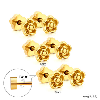 Rose Flower Screw-Back Stud Earrings 3 Pairs Pack | 18K Gold Plated Stainless Steel | Wholesale Bulk Order MOQ 12