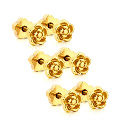 Rose Flower Screw-Back Stud Earrings 3 Pairs Pack | 18K Gold Plated Stainless Steel | Wholesale Bulk Order MOQ 12