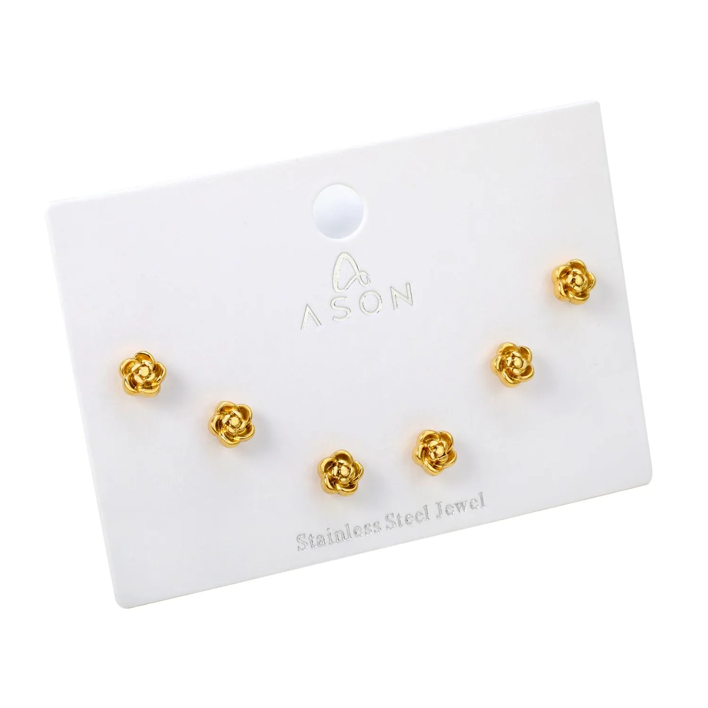 Rose Flower Screw-Back Stud Earrings 3 Pairs Pack | 18K Gold Plated Stainless Steel | Wholesale Bulk Order MOQ 12