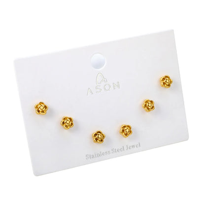 Rose Flower Screw-Back Stud Earrings 3 Pairs Pack | 18K Gold Plated Stainless Steel | Wholesale Bulk Order MOQ 12