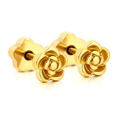 Rose Flower Screw-Back Stud Earrings 3 Pairs Pack | 18K Gold Plated Stainless Steel | Wholesale Bulk Order MOQ 12