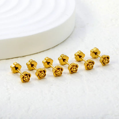Rose Flower Screw-Back Stud Earrings 3 Pairs Pack | 18K Gold Plated Stainless Steel | Wholesale Bulk Order MOQ 12