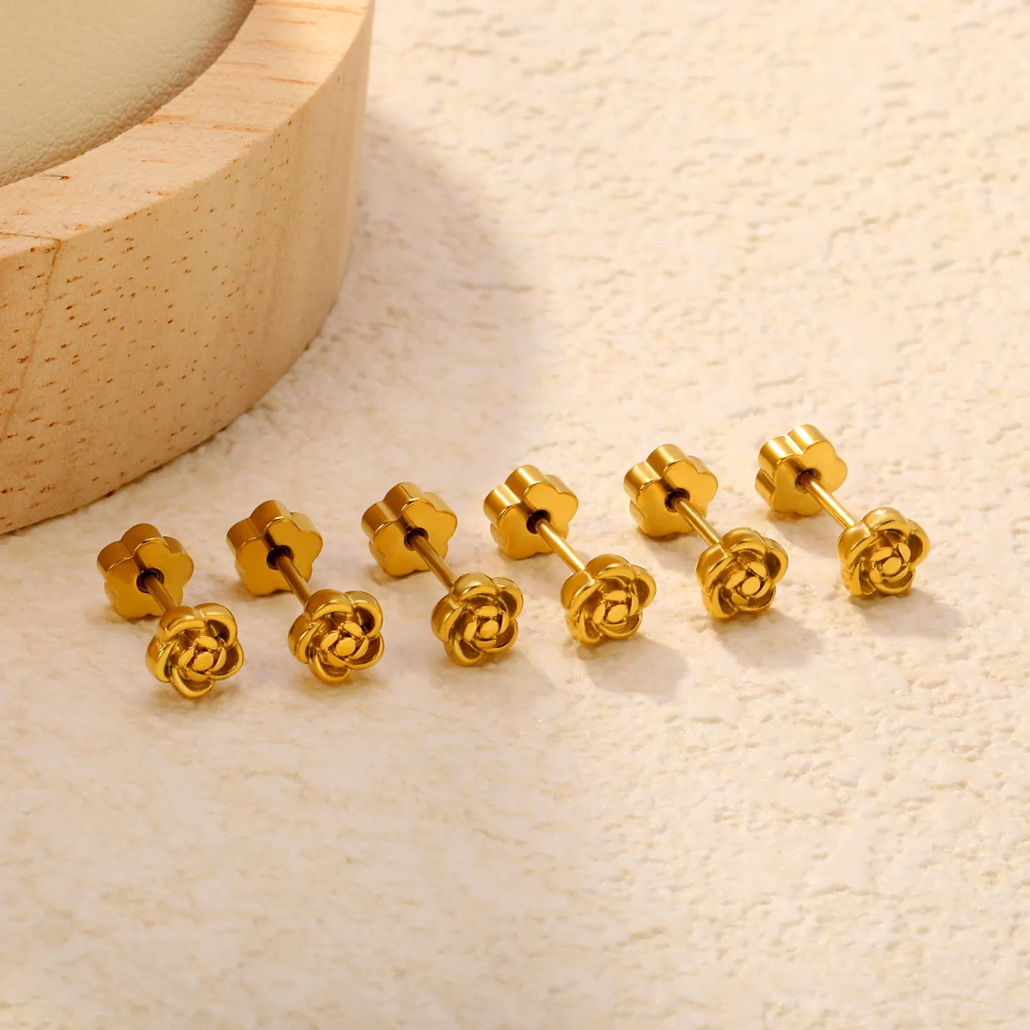 Rose Flower Screw-Back Stud Earrings 3 Pairs Pack | 18K Gold Plated Stainless Steel | Wholesale Bulk Order MOQ 12