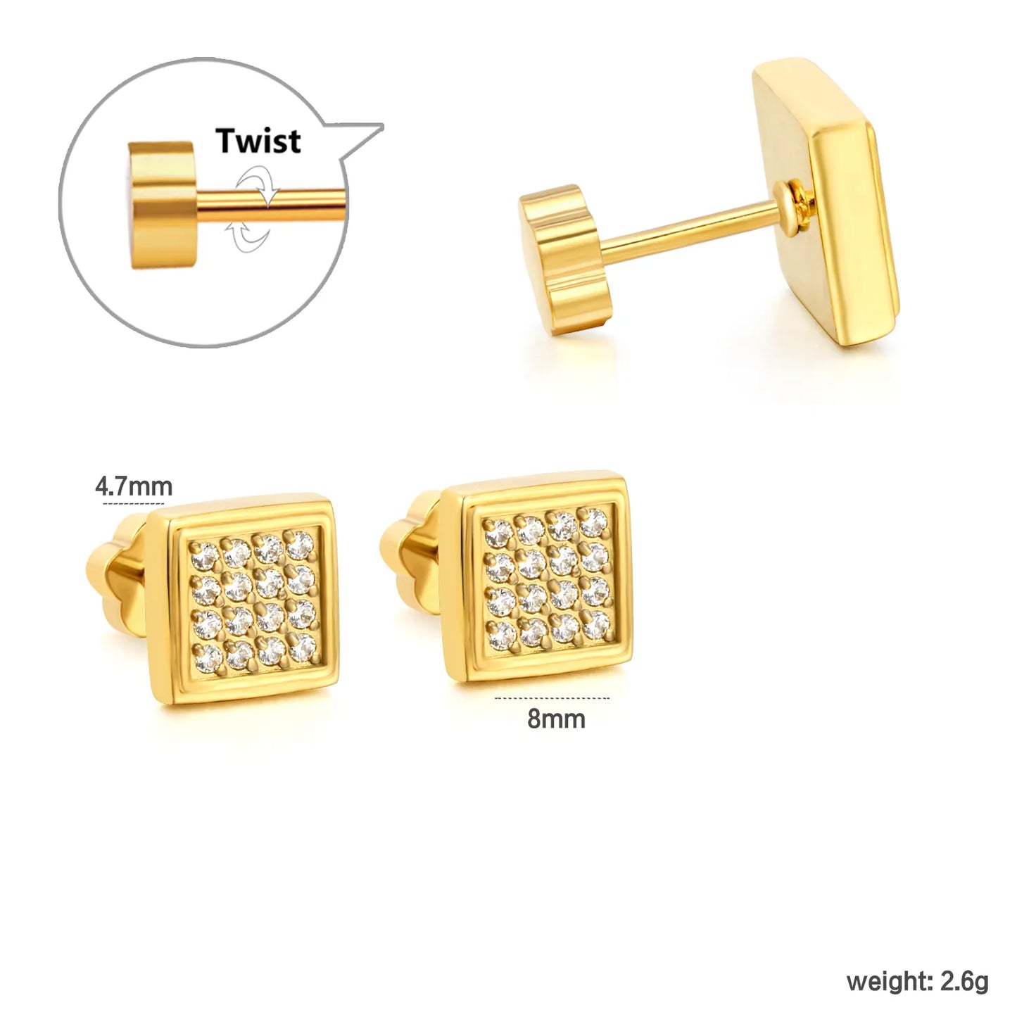 18K Gold Plated Pave CZ Screw-Back Stud Earrings 3 Pairs Pack | Wholesale Bulk Order MOQ 12