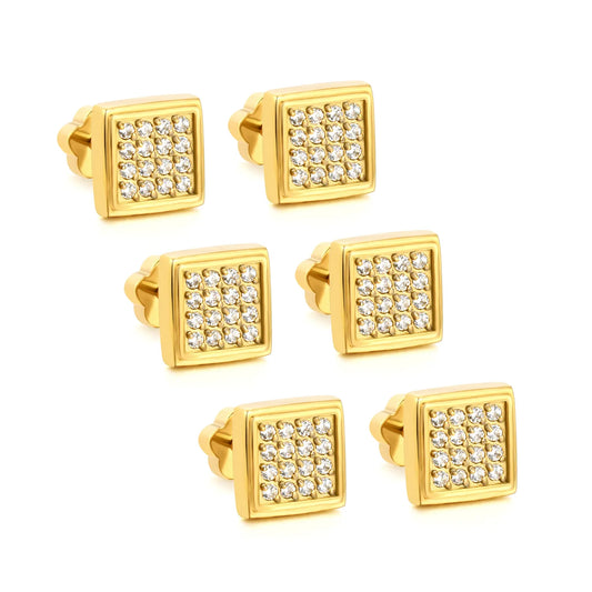 18K Gold Plated Pave CZ Screw-Back Stud Earrings 3 Pairs Pack | Wholesale Bulk Order MOQ 12
