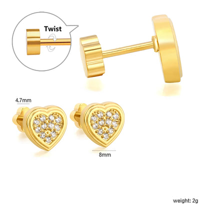 Heart Pave CZ Screw-Back Stud Earrings 3 Pairs Pack | 18K Gold Plated Stainless Steel | Wholesale Bulk Order MOQ 12
