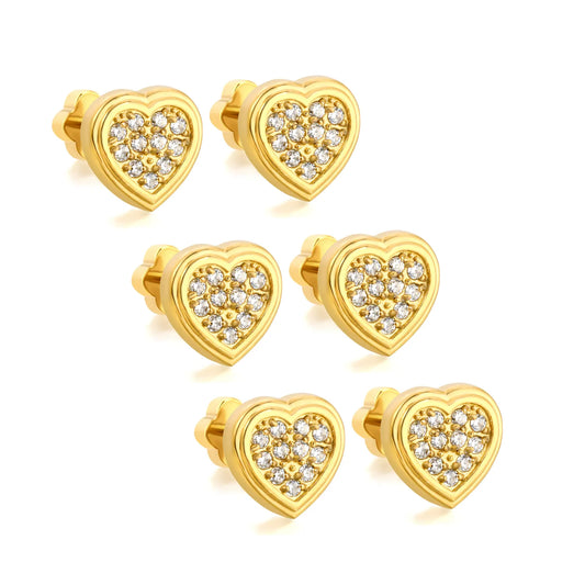 Heart Pave CZ Screw-Back Stud Earrings 3 Pairs Pack | 18K Gold Plated Stainless Steel | Wholesale Bulk Order MOQ 12