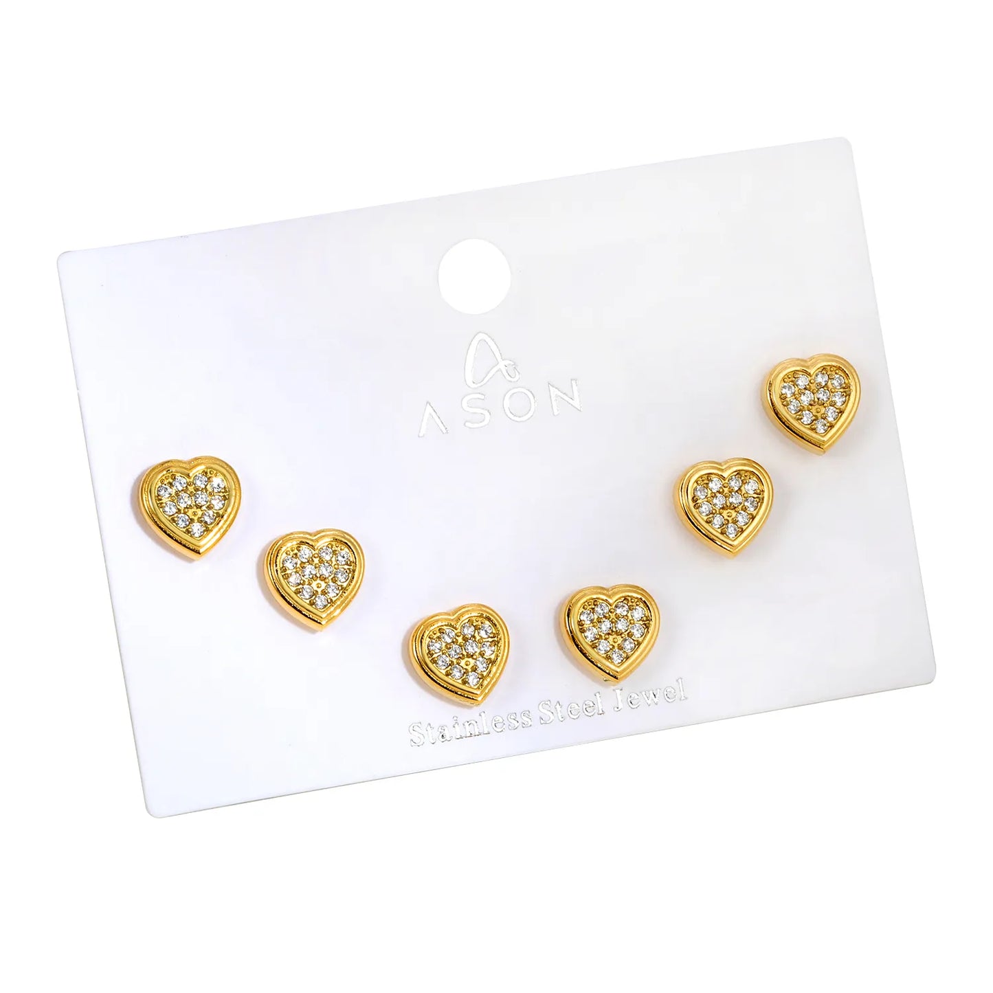 Heart Pave CZ Screw-Back Stud Earrings 3 Pairs Pack | 18K Gold Plated Stainless Steel | Wholesale Bulk Order MOQ 12