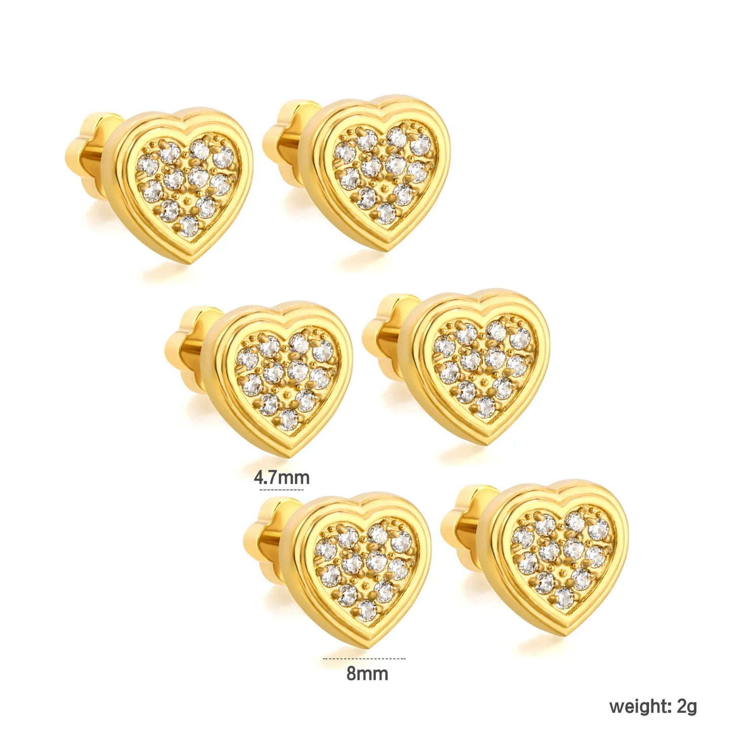 Heart Pave CZ Screw-Back Stud Earrings 3 Pairs Pack | 18K Gold Plated Stainless Steel | Wholesale Bulk Order MOQ 12