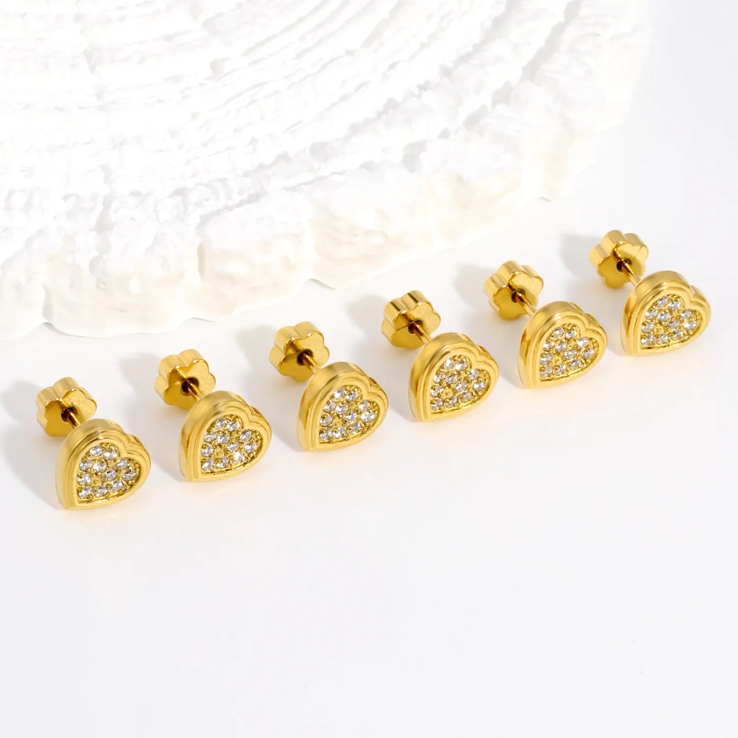 Heart Pave CZ Screw-Back Stud Earrings 3 Pairs Pack | 18K Gold Plated Stainless Steel | Wholesale Bulk Order MOQ 12