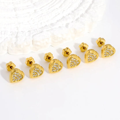 Heart Pave CZ Screw-Back Stud Earrings 3 Pairs Pack | 18K Gold Plated Stainless Steel | Wholesale Bulk Order MOQ 12