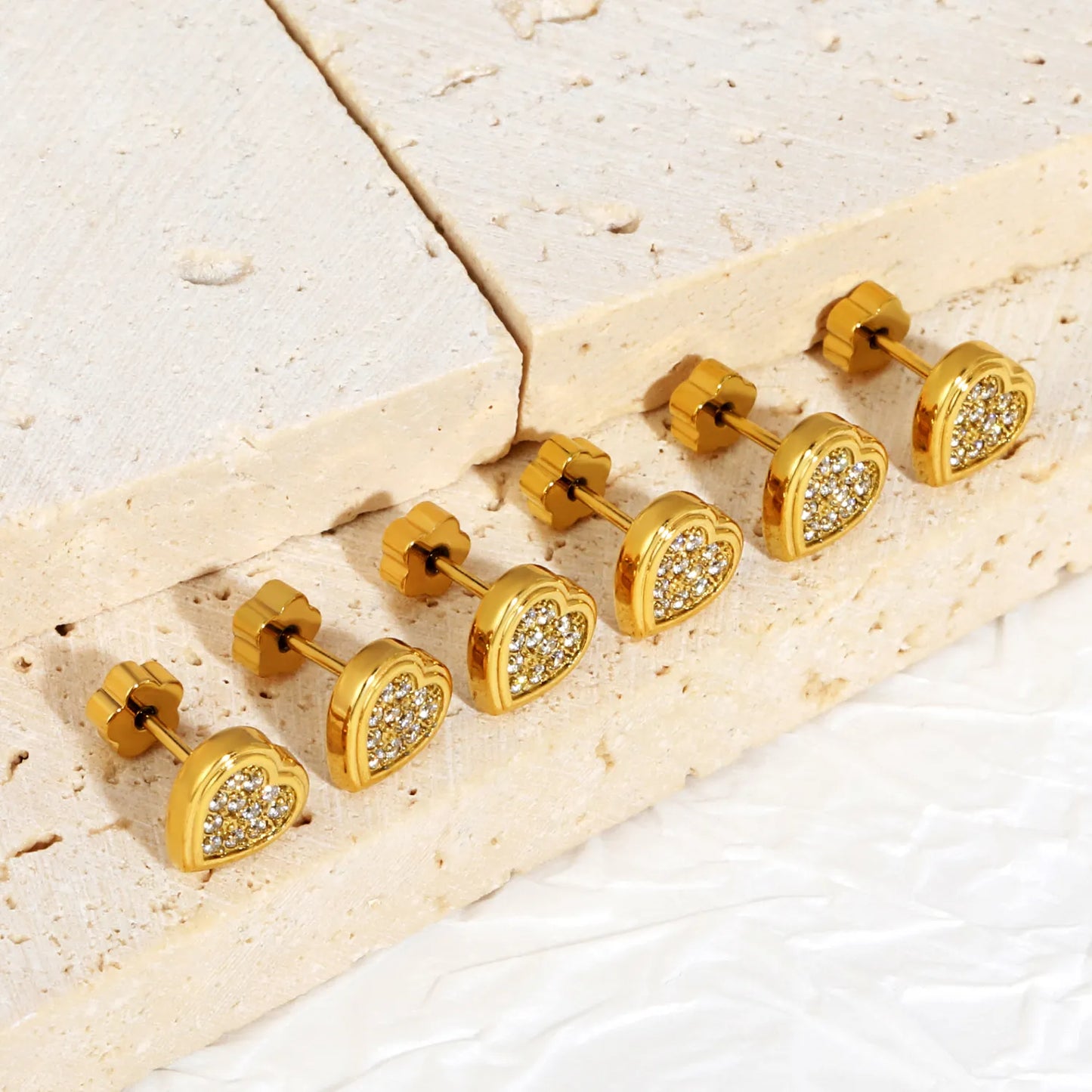 Heart Pave CZ Screw-Back Stud Earrings 3 Pairs Pack | 18K Gold Plated Stainless Steel | Wholesale Bulk Order MOQ 12