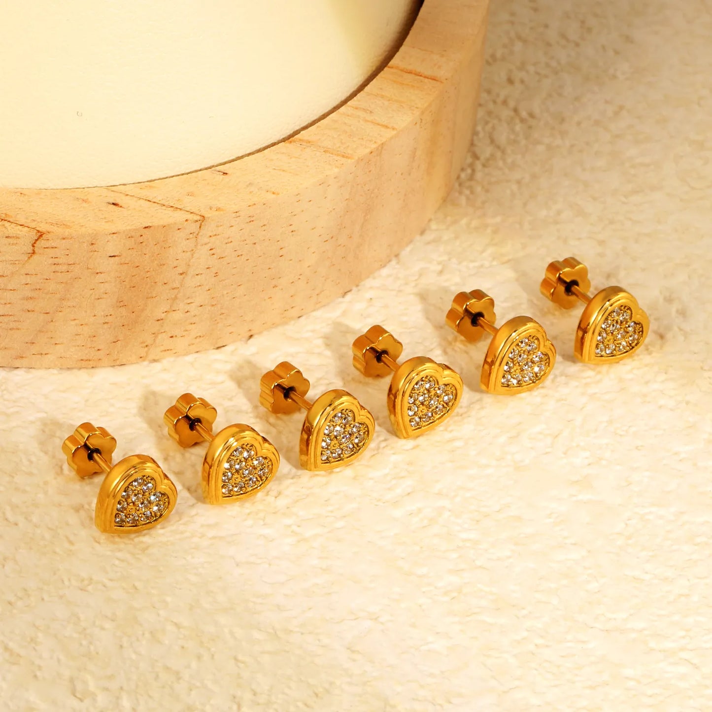 Heart Pave CZ Screw-Back Stud Earrings 3 Pairs Pack | 18K Gold Plated Stainless Steel | Wholesale Bulk Order MOQ 12