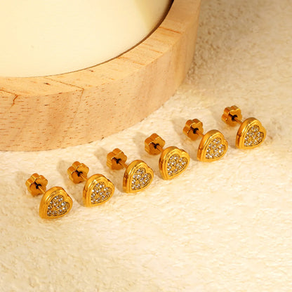 Heart Pave CZ Screw-Back Stud Earrings 3 Pairs Pack | 18K Gold Plated Stainless Steel | Wholesale Bulk Order MOQ 12