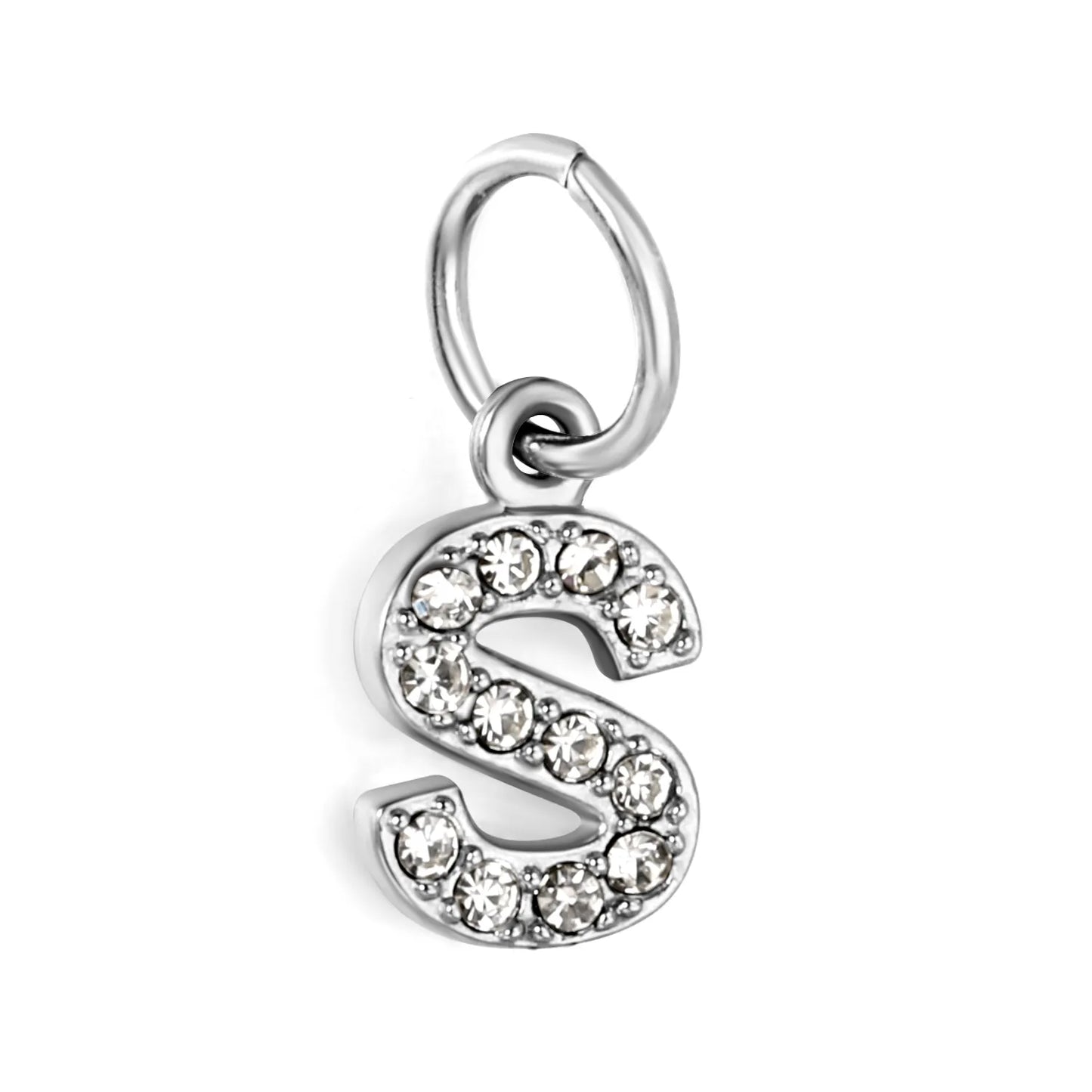 Silver Initial Letter Charms with Cubic Zirconia | Hypoallergenic Stainless Steel | Wholesale Bulk Order