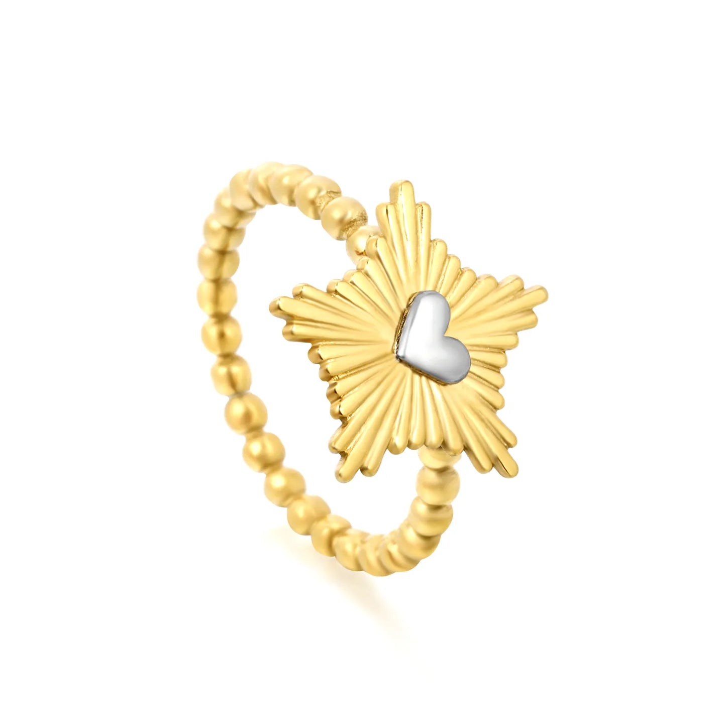Two-Tone Sunburst Heart Ring | Sizes 6/7/8/9 | 18K Gold Plated Stainless Steel | Wholesale Bulk Order MOQ 12
