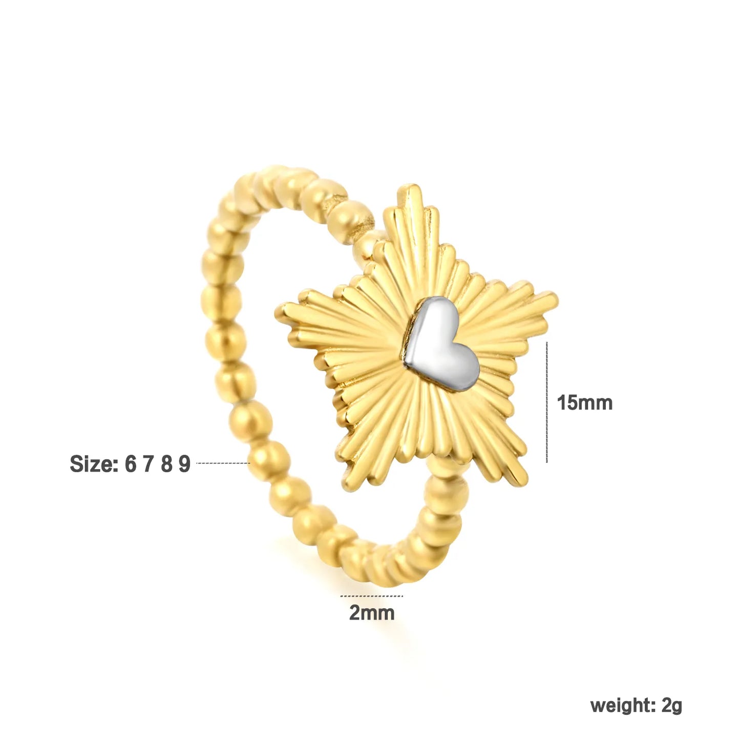 Two-Tone Sunburst Heart Ring | Sizes 6/7/8/9 | 18K Gold Plated Stainless Steel | Wholesale Bulk Order MOQ 12