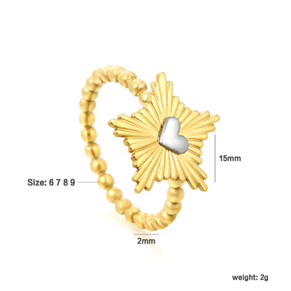 Two-Tone Sunburst Heart Ring | Sizes 6/7/8/9 | 18K Gold Plated Stainless Steel | Wholesale Bulk Order MOQ 12