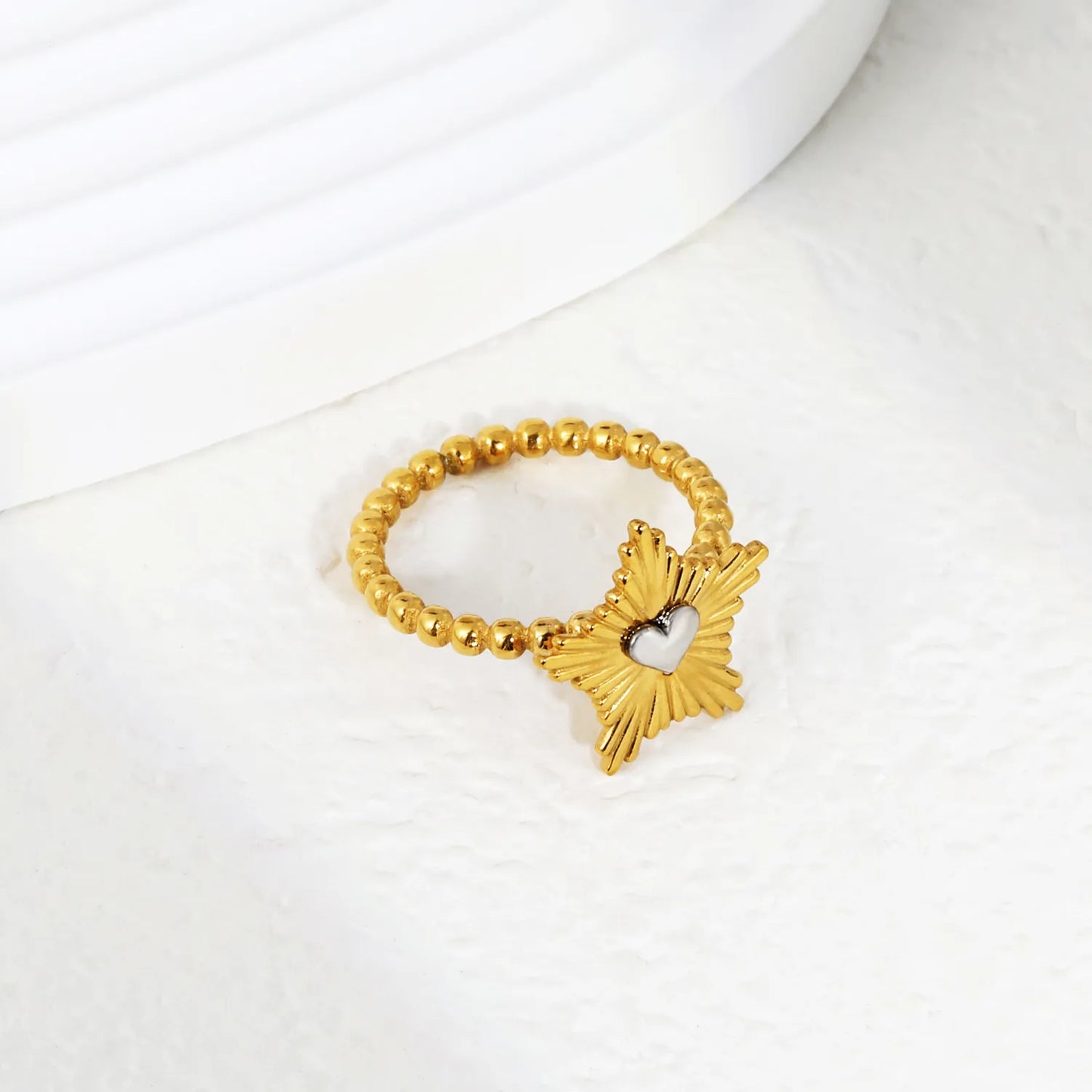 Two-Tone Sunburst Heart Ring | Sizes 6/7/8/9 | 18K Gold Plated Stainless Steel | Wholesale Bulk Order MOQ 12