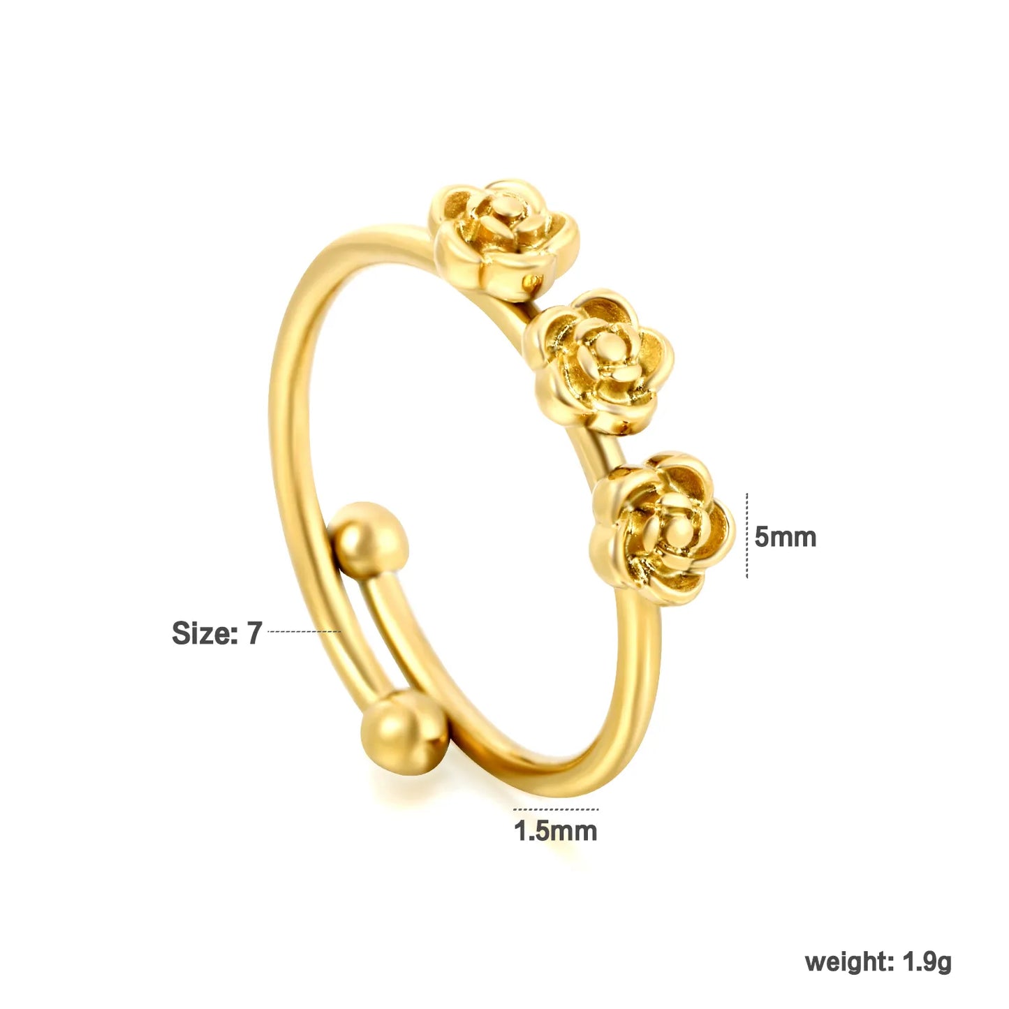 Adjustable Rose Flower Open Ring Size 7 | 18K Gold Plated Stainless Steel | Wholesale Bulk Order MOQ 12
