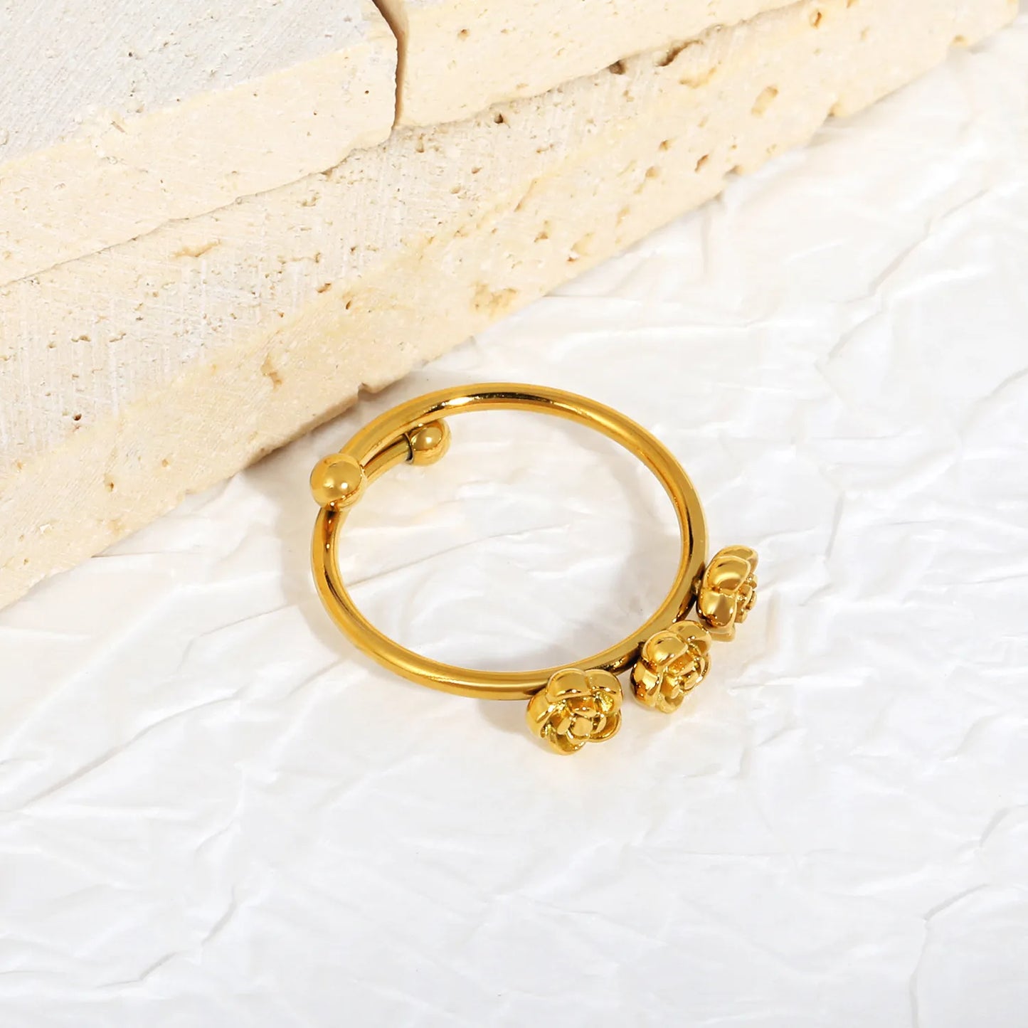 Adjustable Rose Flower Open Ring Size 7 | 18K Gold Plated Stainless Steel | Wholesale Bulk Order MOQ 12