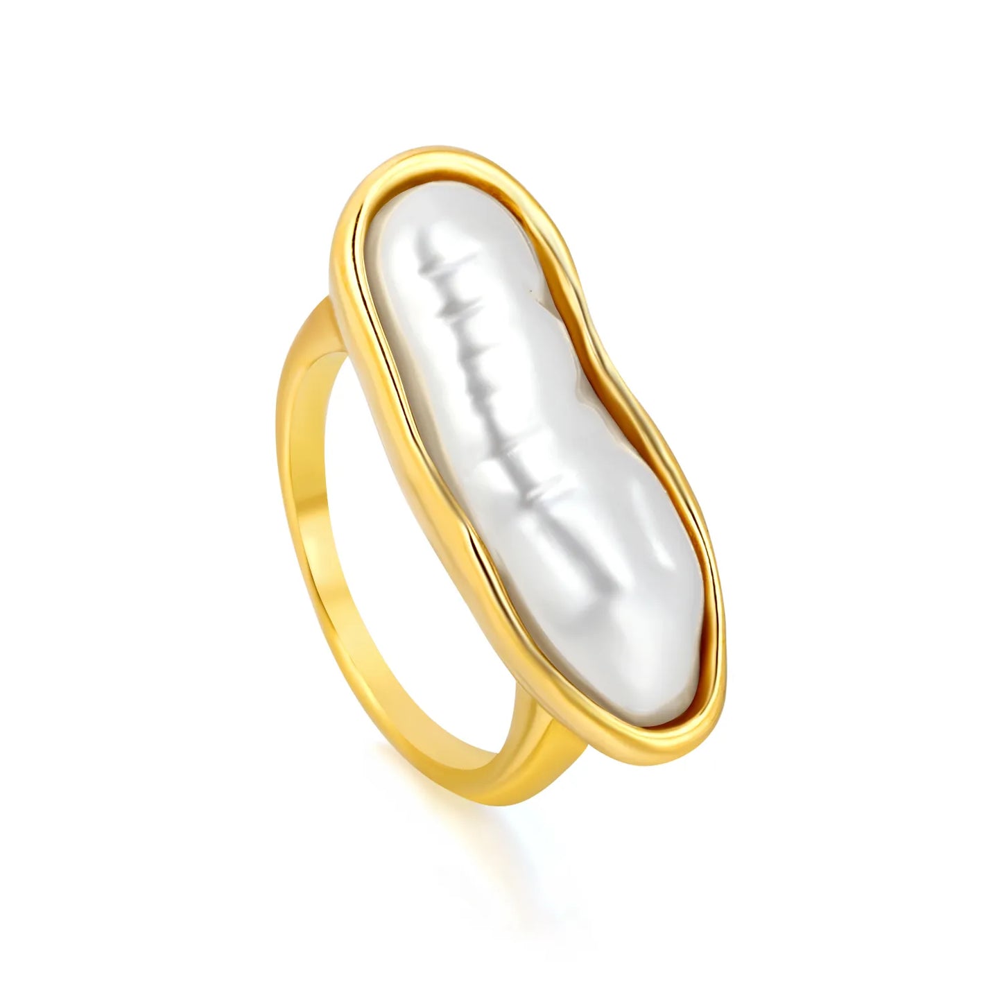 Elongated Baroque Pearl Statement Ring | 18K Gold Plated Stainless Steel | Wholesale Bulk Order MOQ 12 | Sizes 6/7/8