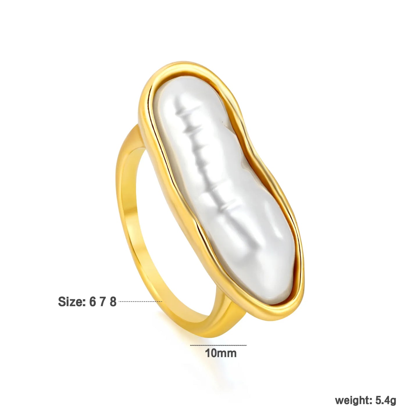 Elongated Baroque Pearl Statement Ring | 18K Gold Plated Stainless Steel | Wholesale Bulk Order MOQ 12 | Sizes 6/7/8