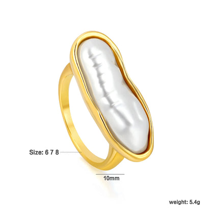 Elongated Baroque Pearl Statement Ring | 18K Gold Plated Stainless Steel | Wholesale Bulk Order MOQ 12 | Sizes 6/7/8