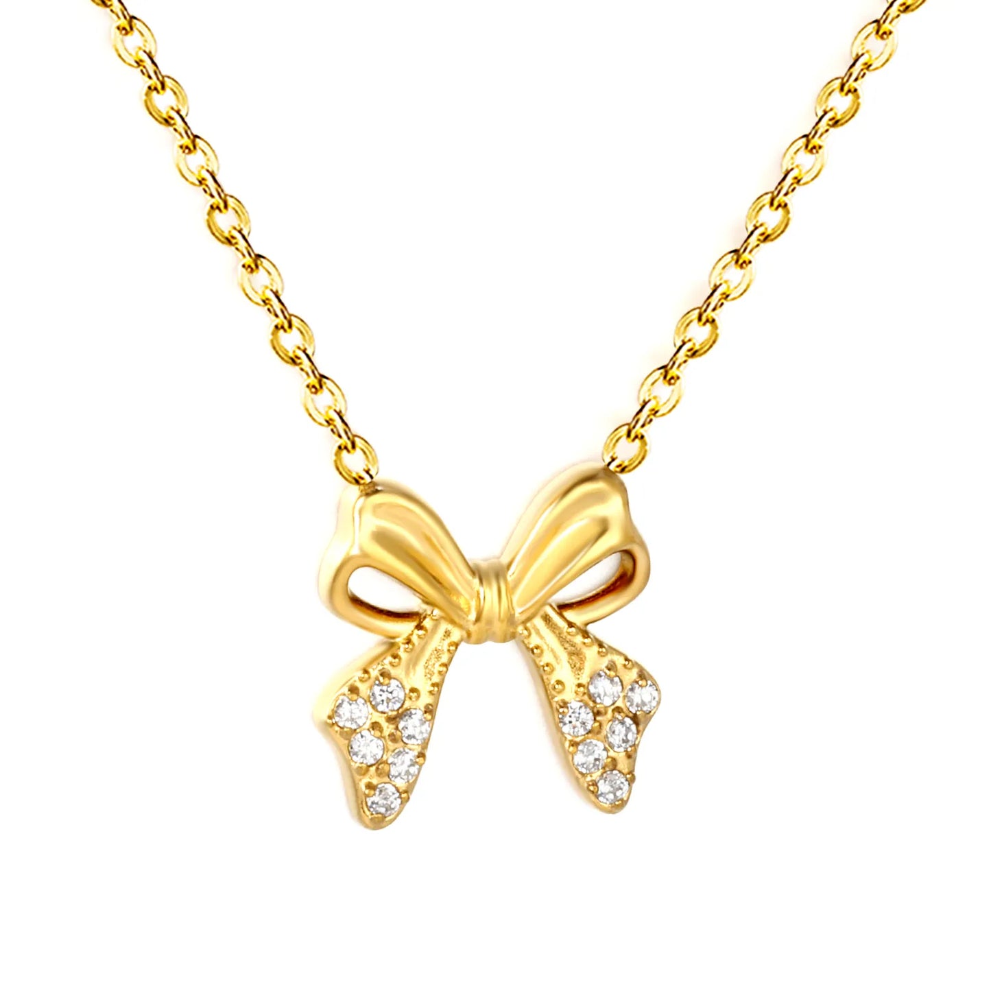 18K Gold Plated CZ Bow Pendant Necklace | Adjustable 40+5cm |  Wholesale Bulk Order MOQ 12