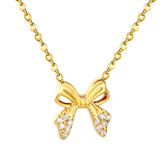 18K Gold Plated CZ Bow Pendant Necklace | Adjustable 40+5cm |  Wholesale Bulk Order MOQ 12