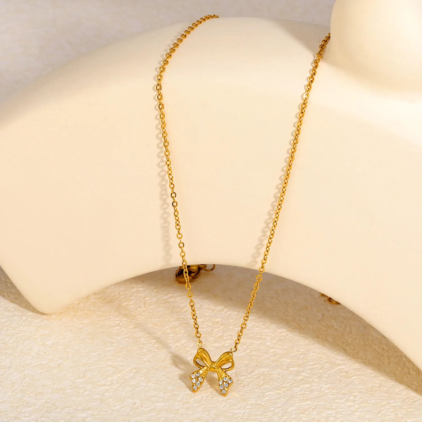 18K Gold Plated CZ Bow Pendant Necklace | Adjustable 40+5cm |  Wholesale Bulk Order MOQ 12