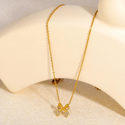 18K Gold Plated CZ Bow Pendant Necklace | Adjustable 40+5cm |  Wholesale Bulk Order MOQ 12