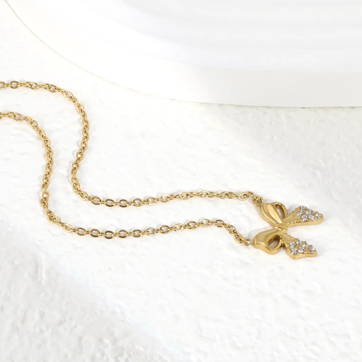 18K Gold Plated CZ Bow Pendant Necklace | Adjustable 40+5cm |  Wholesale Bulk Order MOQ 12