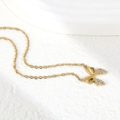 18K Gold Plated CZ Bow Pendant Necklace | Adjustable 40+5cm |  Wholesale Bulk Order MOQ 12