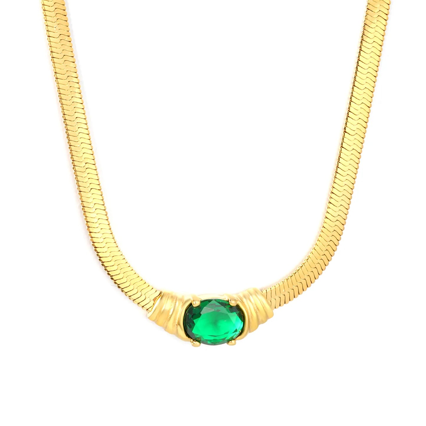 18K Plated Chain with Green CZ Herringbone Necklace | Adjustable 40+5cm | Gold & Silver Color | Wholesale Bulk Order MOQ 12