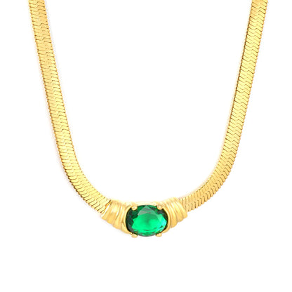 18K Plated Chain with Green CZ Herringbone Necklace | Adjustable 40+5cm | Gold & Silver Color | Wholesale Bulk Order MOQ 12