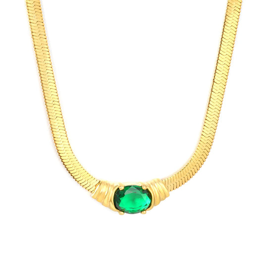 18K Plated Chain with Green CZ Herringbone Necklace | Adjustable 40+5cm | Gold & Silver Color | Wholesale Bulk Order MOQ 12