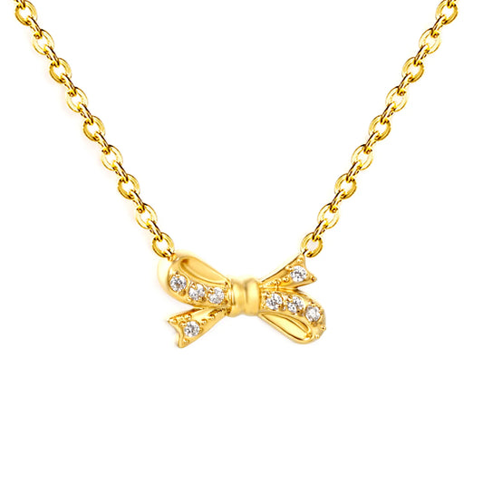 CZ-Encrusted Bow Pendant Necklace Adjustable 40+5cm | 18K Gold Plated | Wholesale Bulk Order MOQ 12